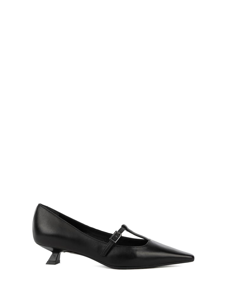 decollette black with strap in black leather with heel by Selfnex