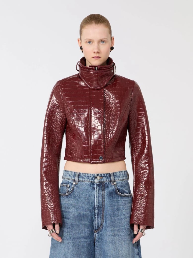patent leather cropped jacket with alligator print by Selfnex