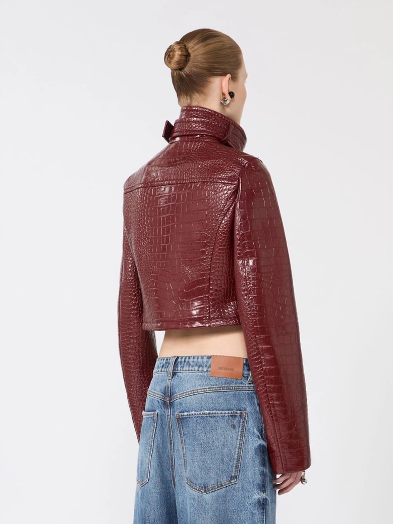 patent leather cropped jacket with alligator print by Selfnex