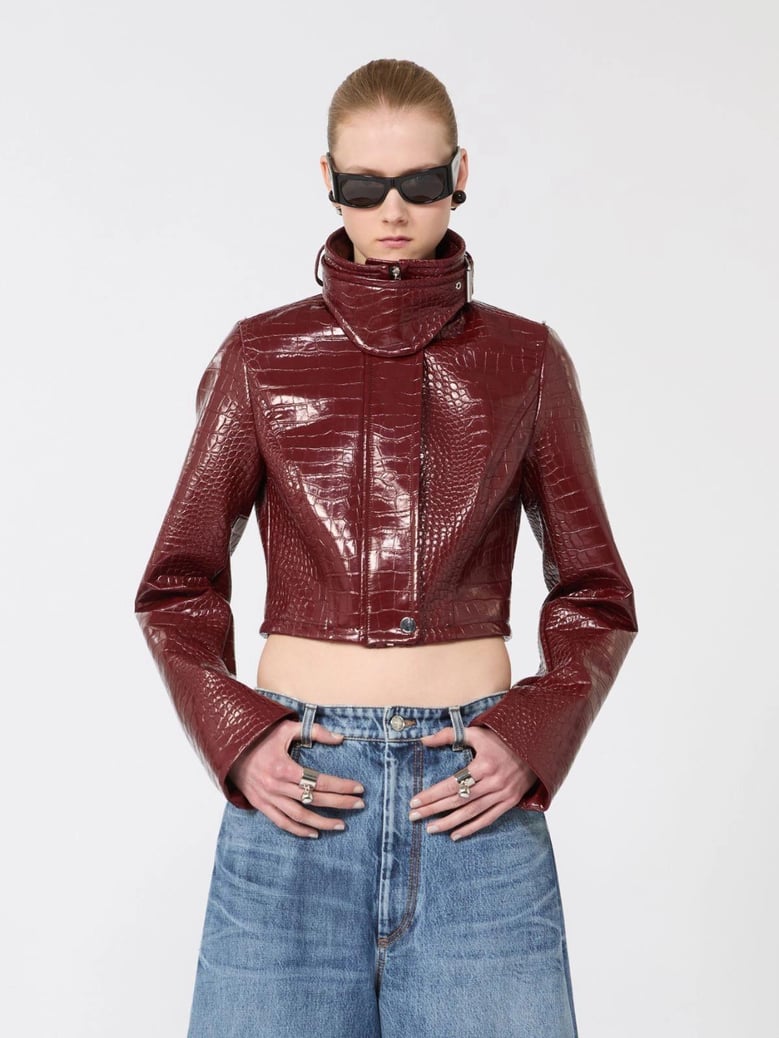 patent leather cropped jacket with alligator print by Selfnex