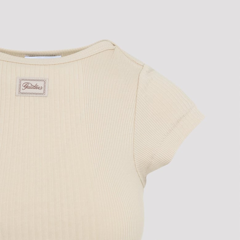 beige cropped cotton t-shirt by Selfnex