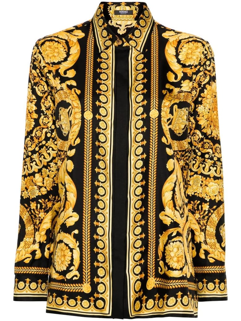 black and gold printed silk twill shirt by Selfnex