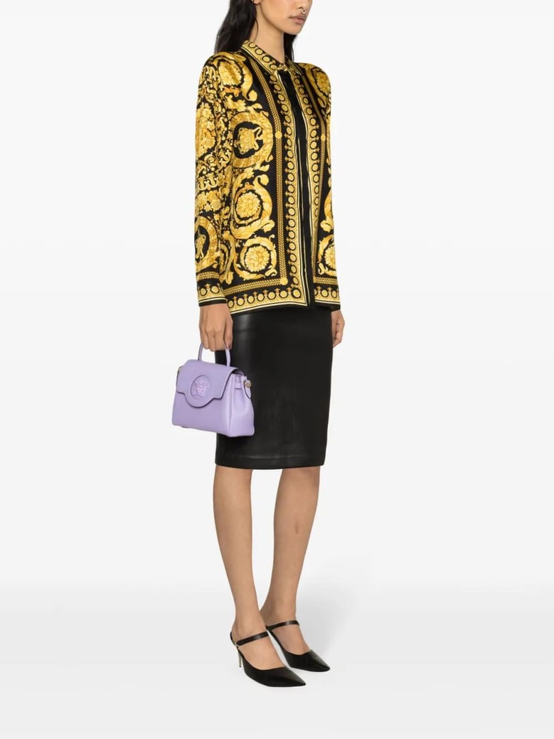 black and gold printed silk twill shirt by Selfnex