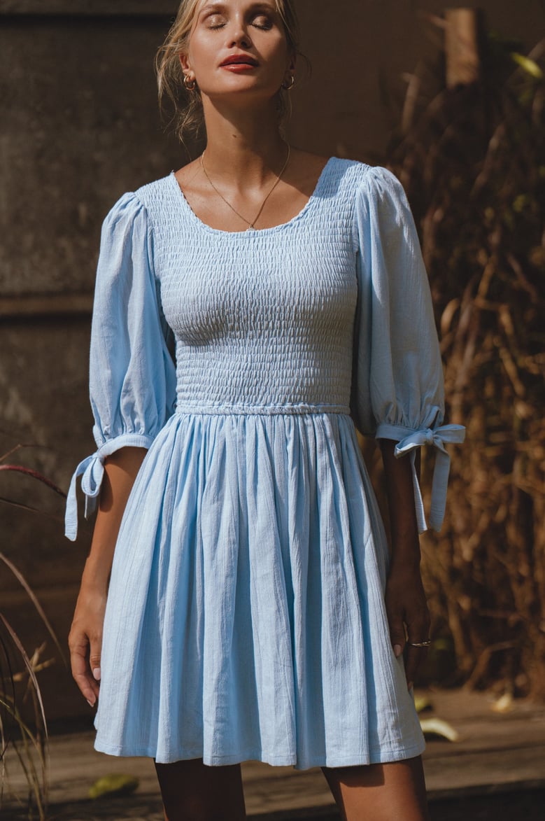 jolie puff sleeve linen mini dress by Selfnex