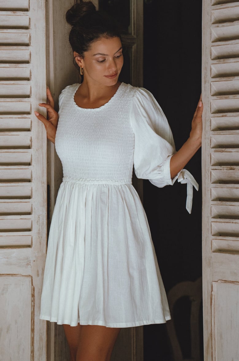 jolie puff sleeve linen mini dress by Selfnex
