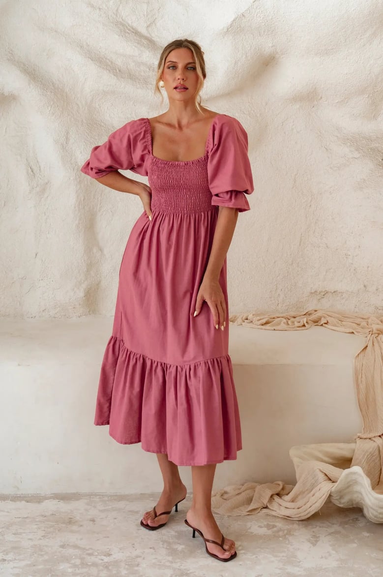almeria smocked midi linen dress by Selfnex