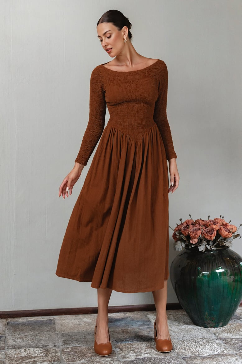 chantilly long sleeve smocked dress by Selfnex