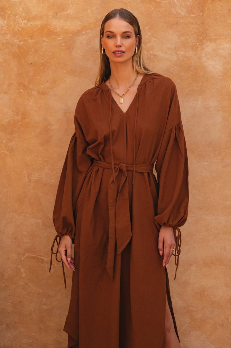 denise long sleeve linen kimono dress by Selfnex