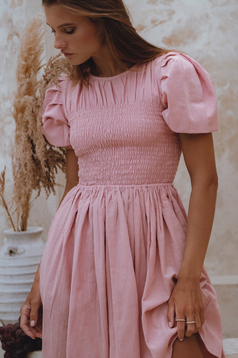 elodie smocked linen mini dress by Selfnex
