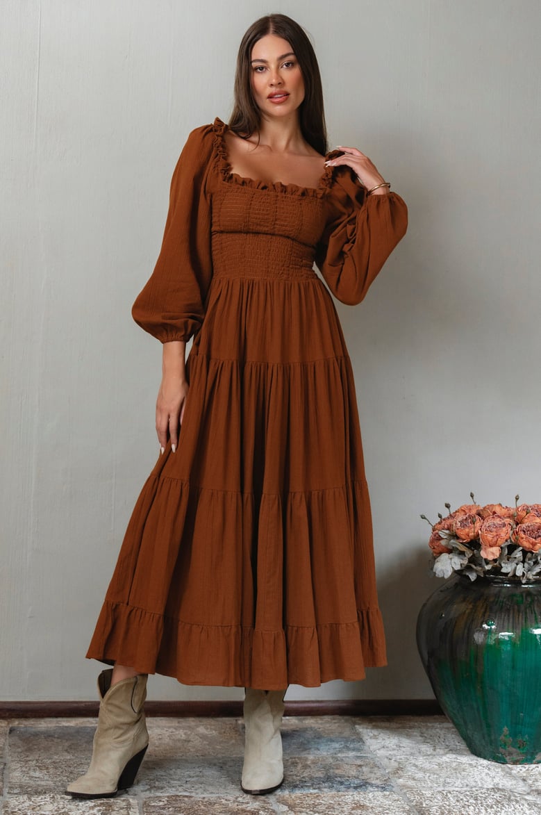 evangeline tiered linen midi dress by Selfnex
