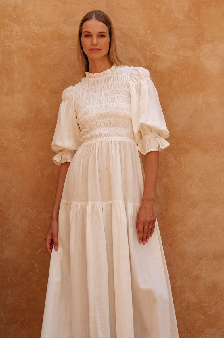florence smocked linen midi dress by Selfnex
