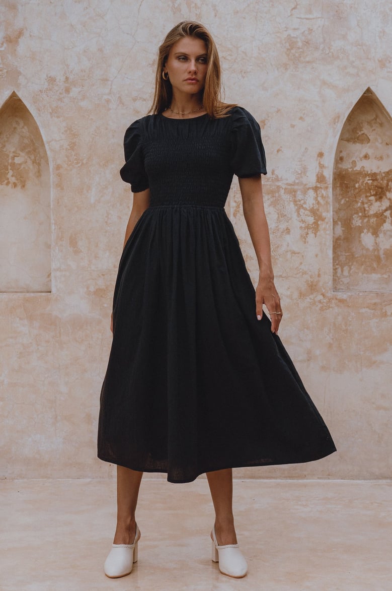 sophie smocked linen midi dress by Selfnex