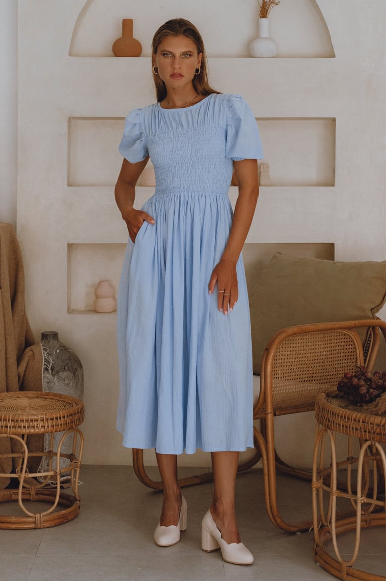 sophie smocked linen midi dress by Selfnex