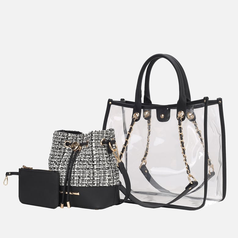 diva pvc tote bag with tweed bucket bag by Selfnex