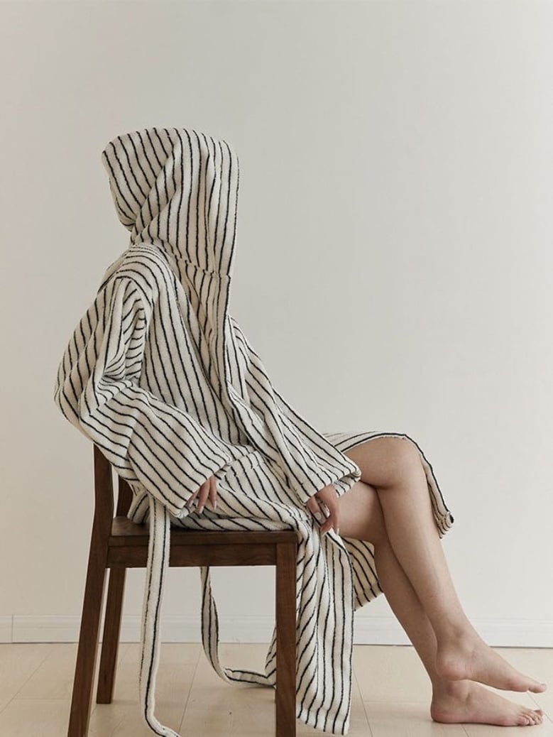 retro 100% organic long-stapled cotton hooded stripe bath robe by Selfnex