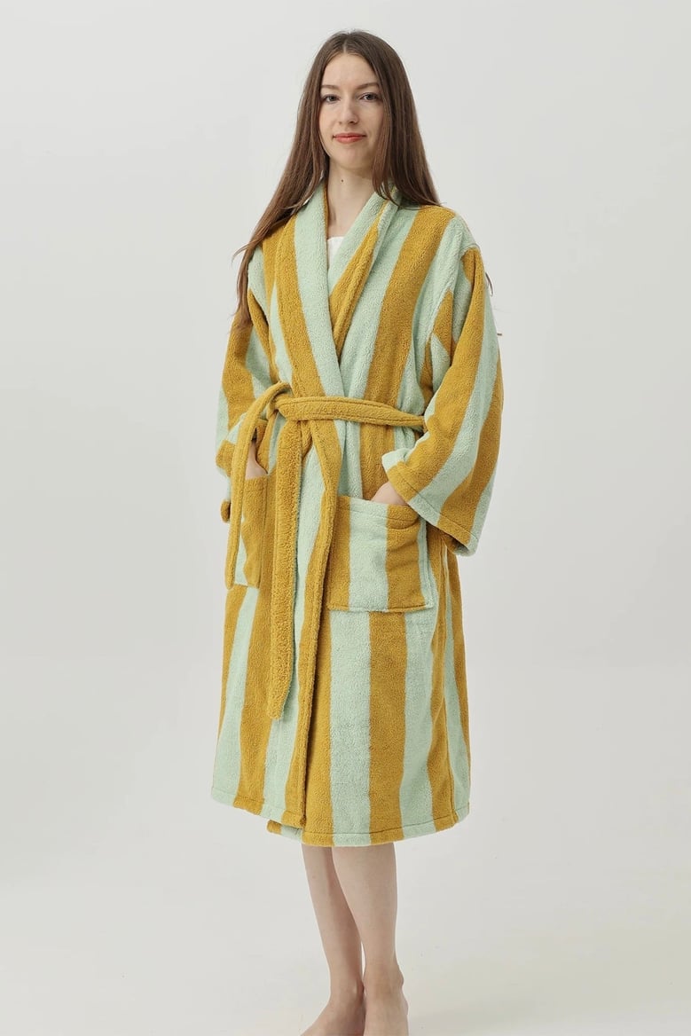 vintage stripe 100% cotton bathrobe - soft absorbent resort style lounge robe by Selfnex