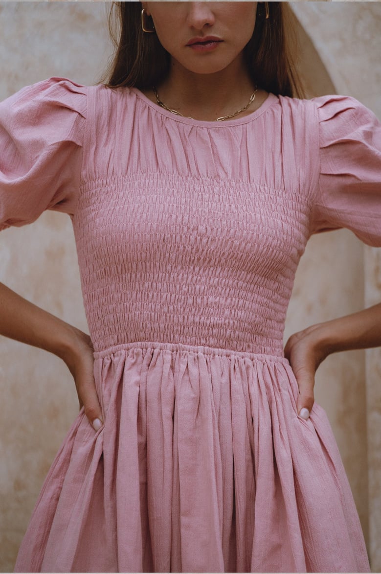 elodie smocked linen mini dress by Selfnex