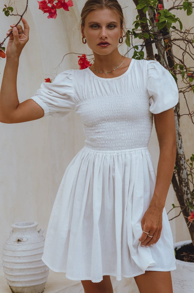 elodie smocked linen mini dress by Selfnex