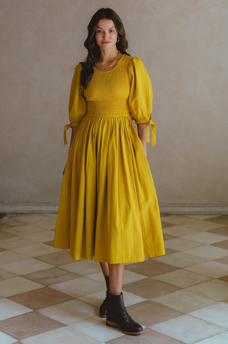 freya smocked linen midi dress by Selfnex