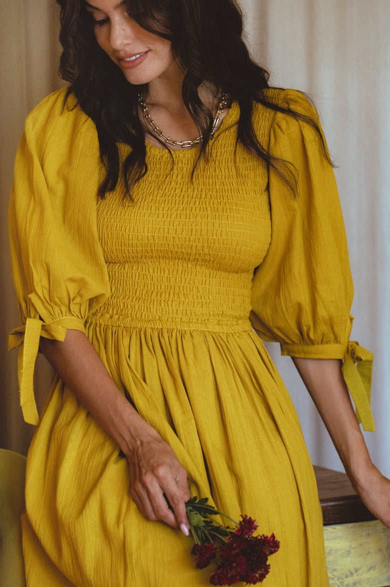 freya smocked linen midi dress by Selfnex