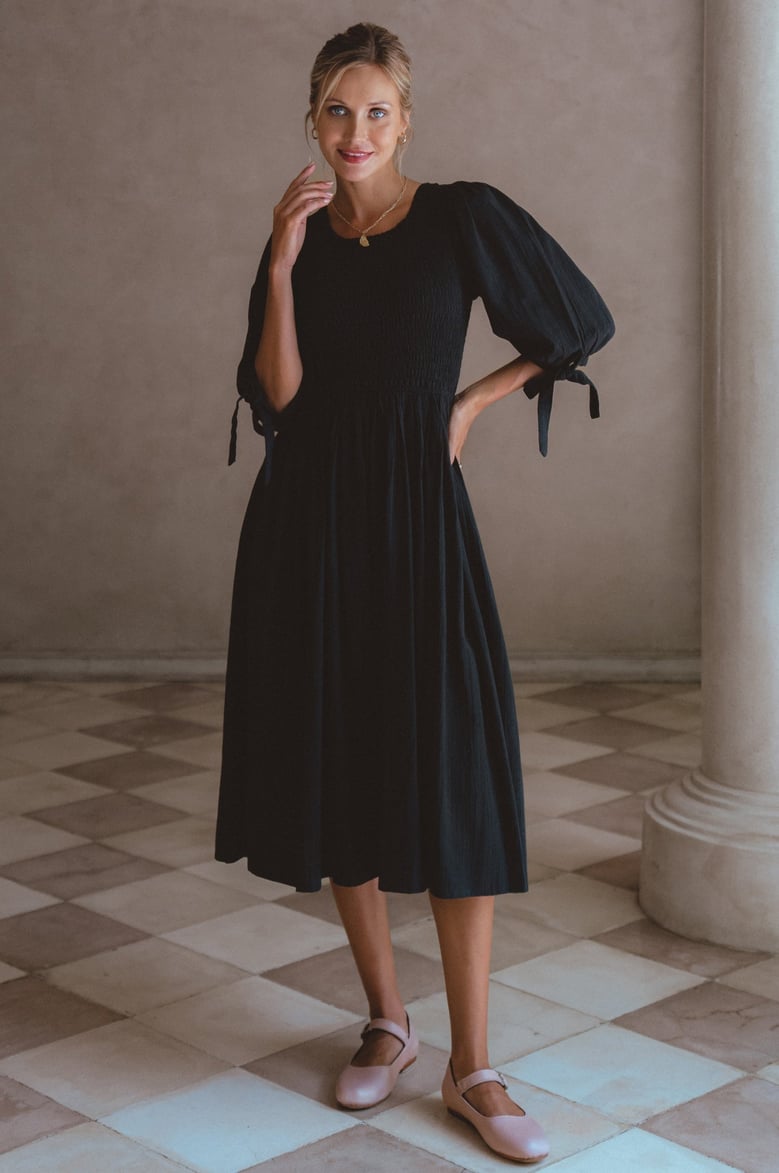 freya smocked linen midi dress by Selfnex