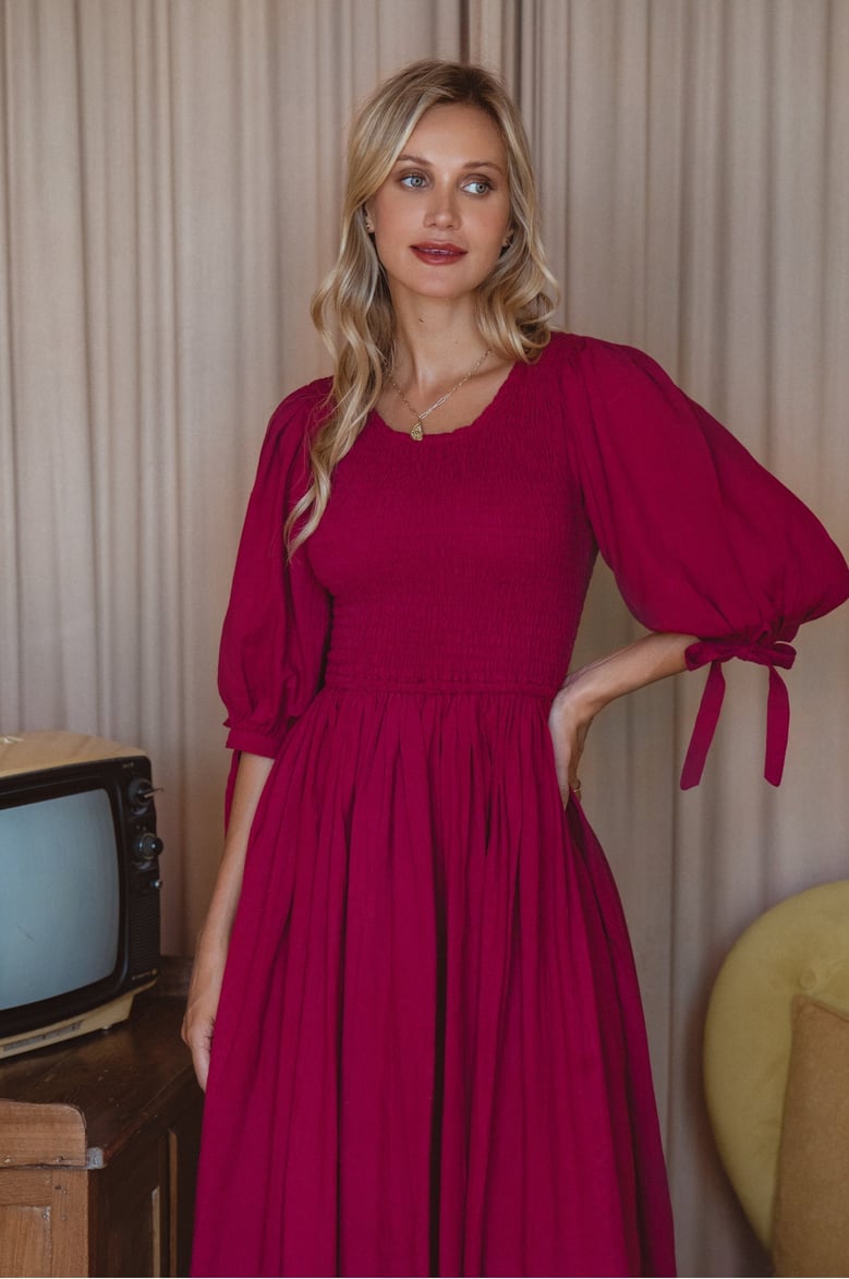 freya smocked linen midi dress by Selfnex