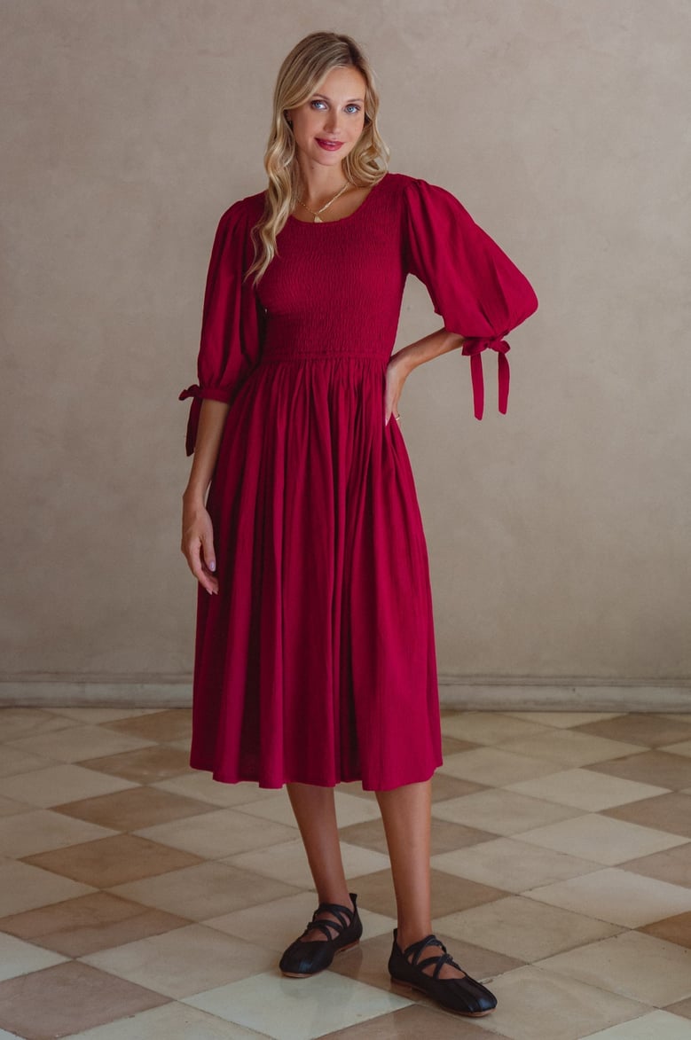 freya smocked linen midi dress by Selfnex
