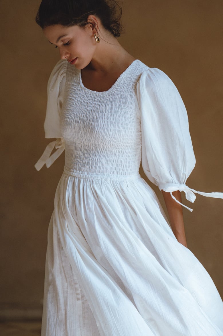 freya smocked linen midi dress by Selfnex