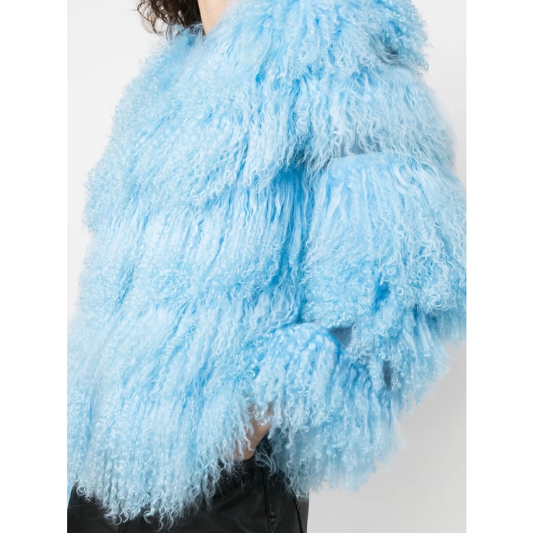 sky blue quilted leather outerwear by Selfnex