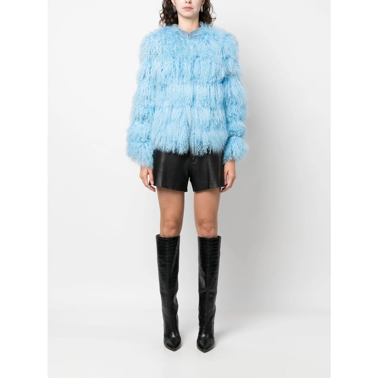 sky blue quilted leather outerwear by Selfnex