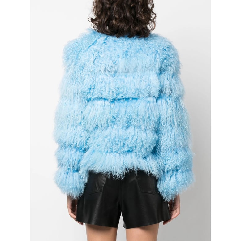 sky blue quilted leather outerwear by Selfnex