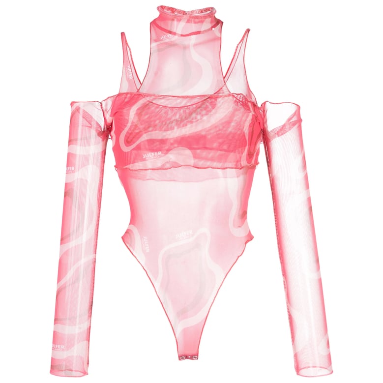 pink wave print bodysuit by Selfnex