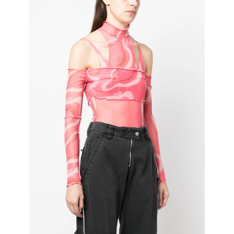 pink wave print bodysuit by Selfnex