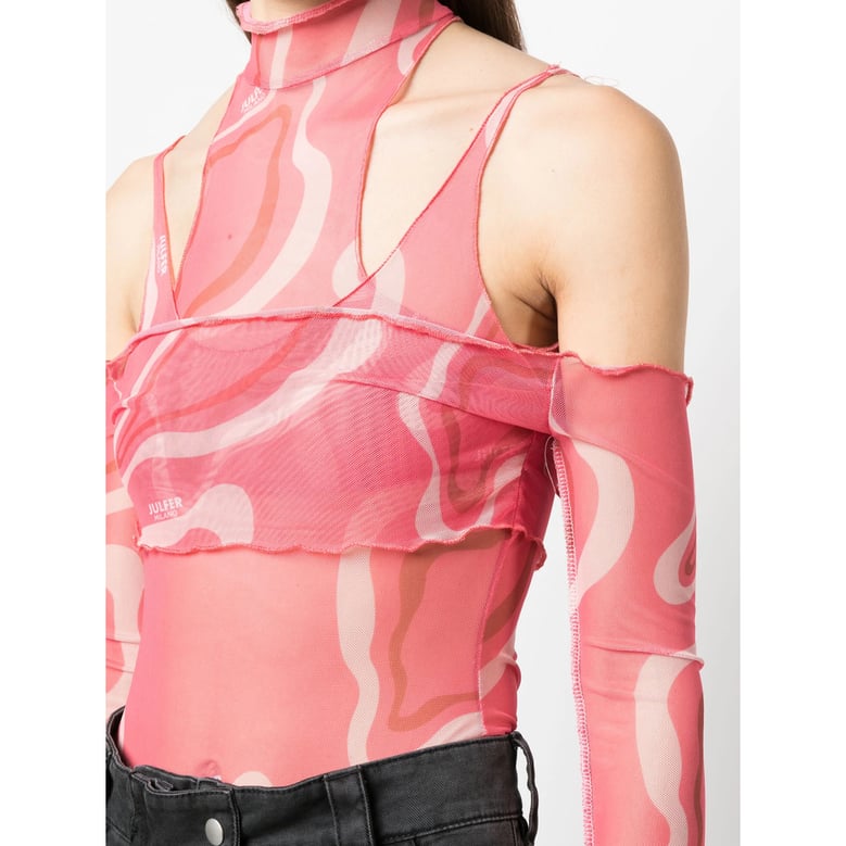 pink wave print bodysuit by Selfnex