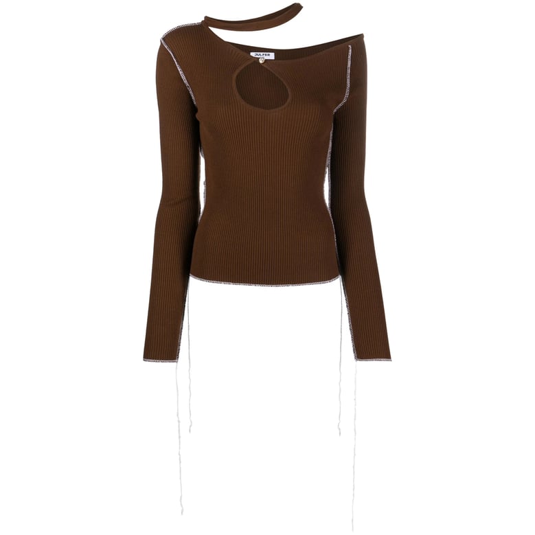cold-shoulder knit top in chestnut brown by Selfnex