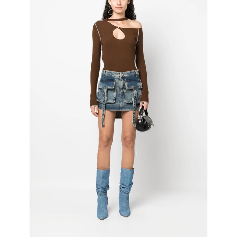 cold-shoulder knit top in chestnut brown by Selfnex