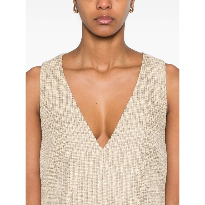 light beige v-neck sleeveless dress by Selfnex