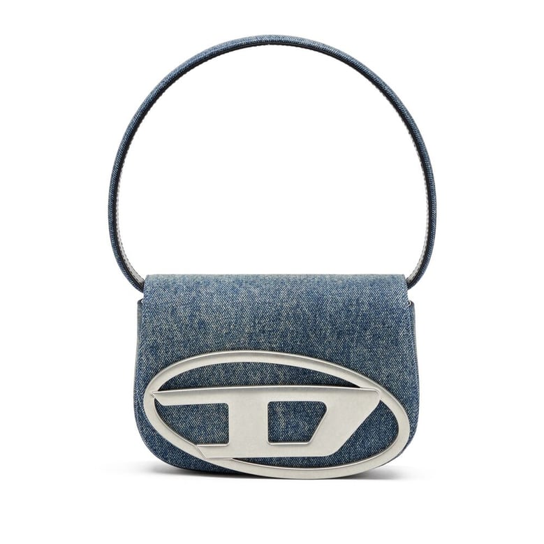 blue cotton and leather foldover bag by Selfnex