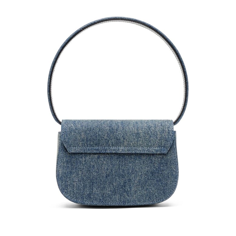 blue cotton and leather foldover bag by Selfnex