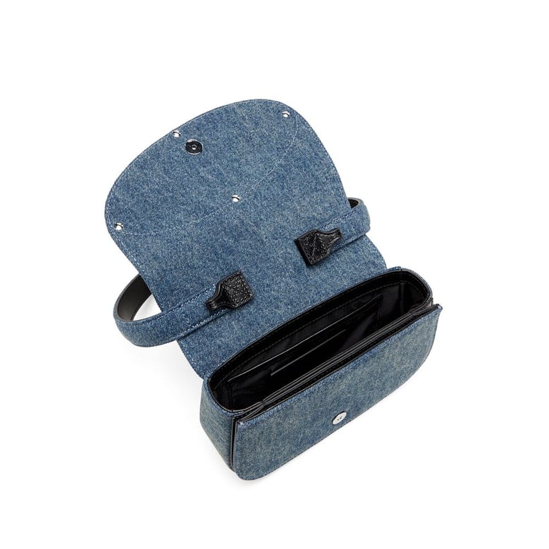 blue cotton and leather foldover bag by Selfnex