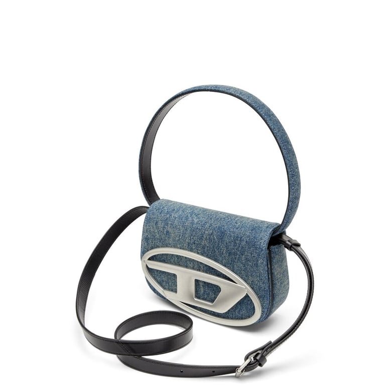 blue cotton and leather foldover bag by Selfnex