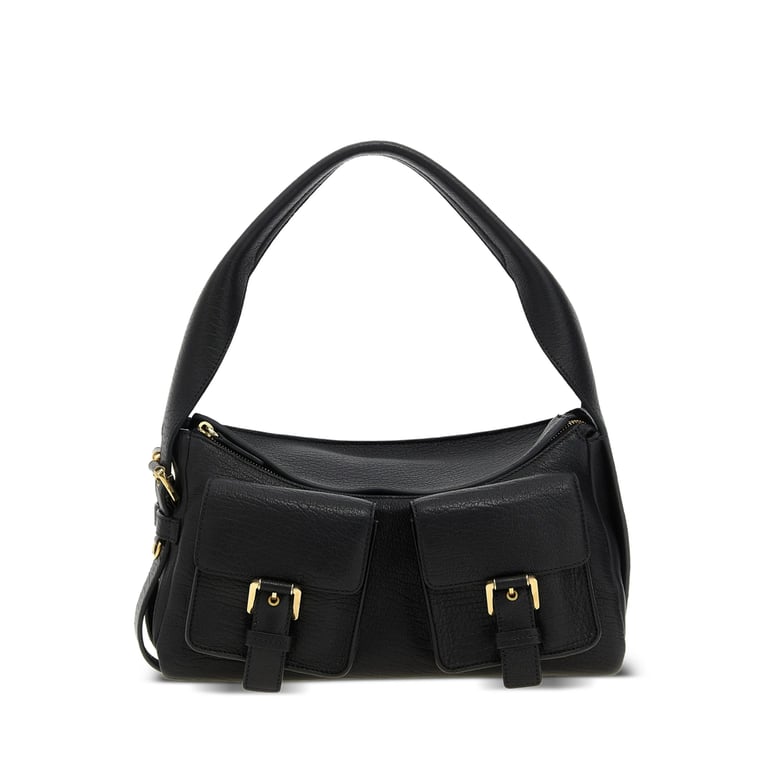 black shoulder bag with gold-tone hardware by Selfnex