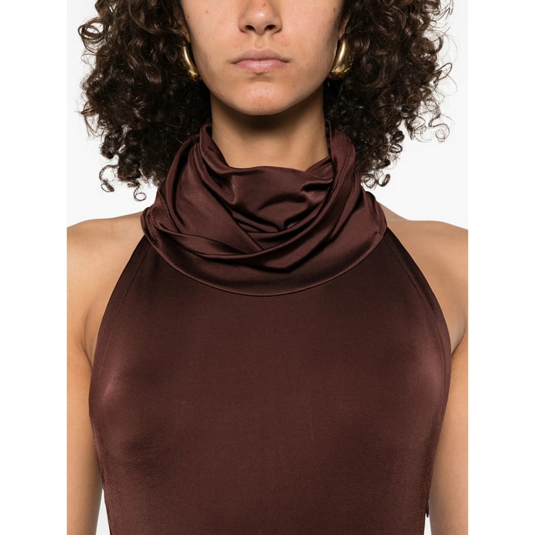 high neck dress in brown by Selfnex