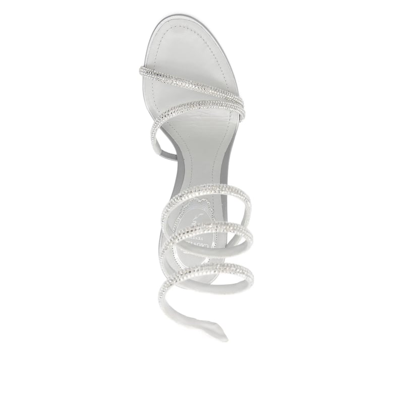 grey satin crystal-ankle wrap heels by Selfnex