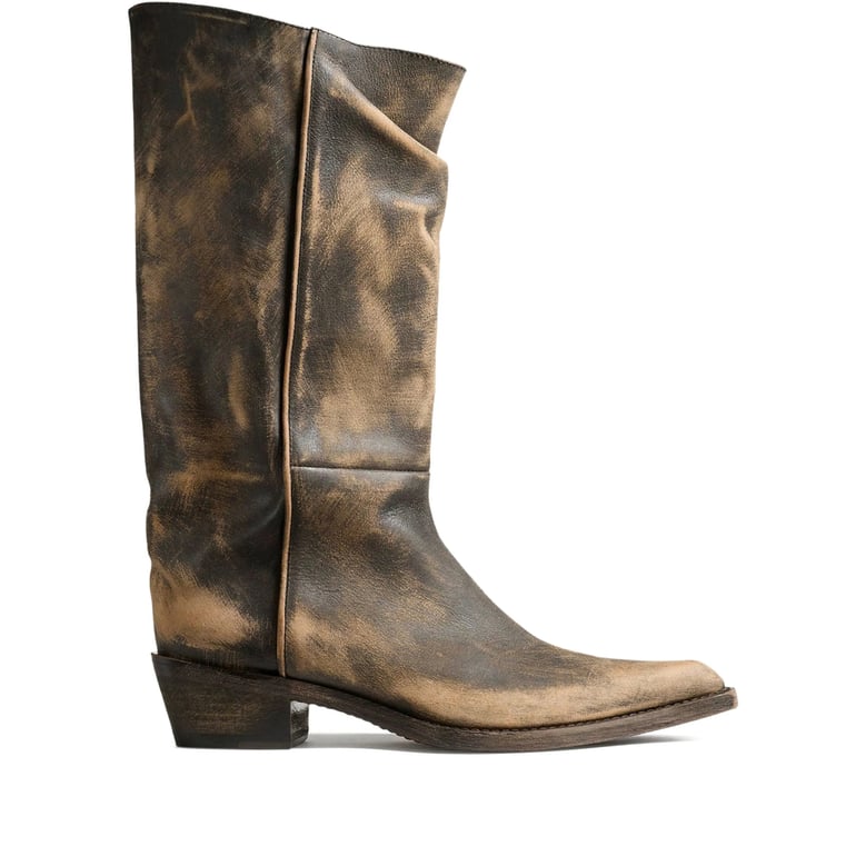 brown pointed-toe slouchy leather boots by Selfnex