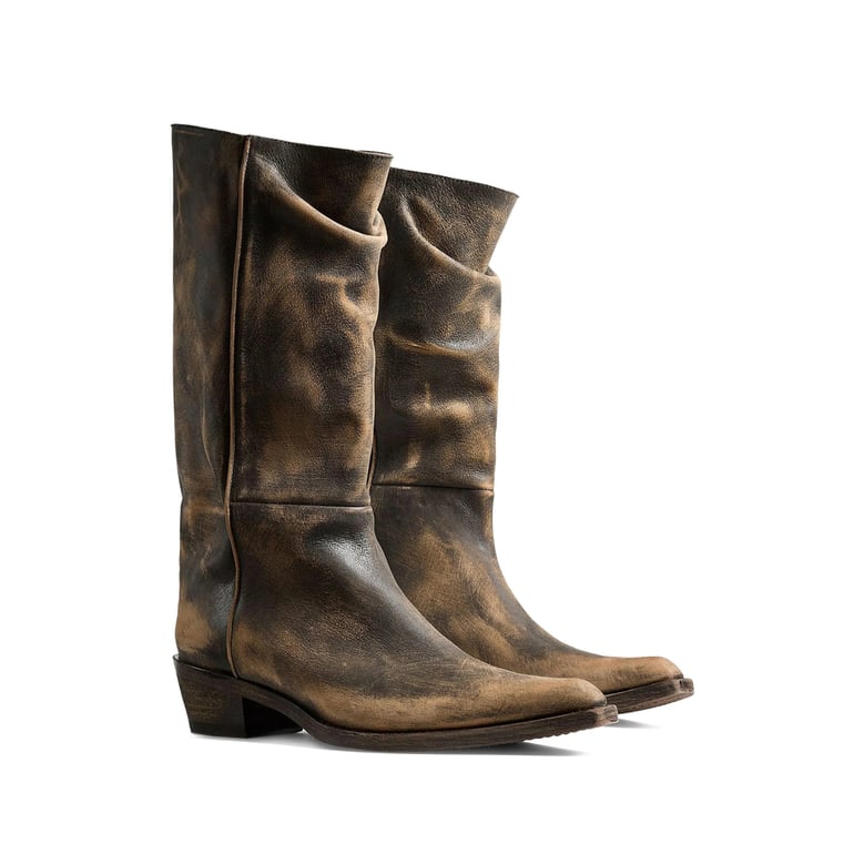 brown pointed-toe slouchy leather boots by Selfnex