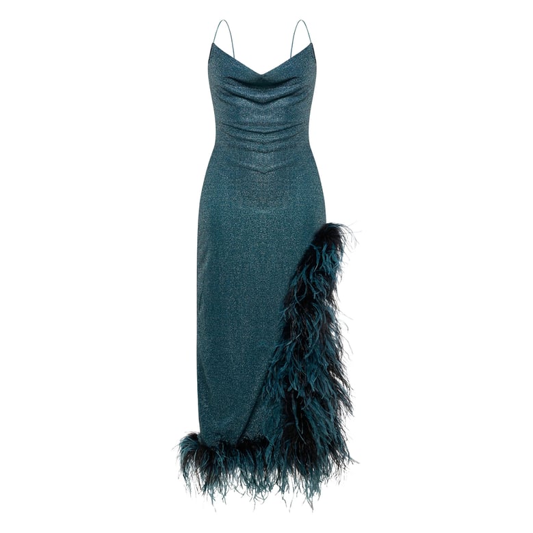 blue feather trim midi dress by Selfnex