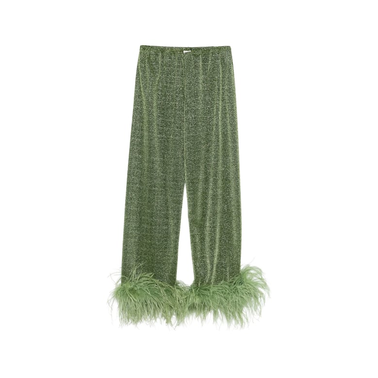 straight-leg trousers with feather trim - green by Selfnex
