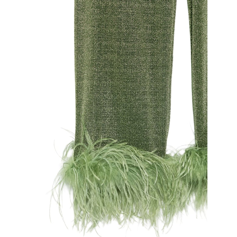 straight-leg trousers with feather trim - green by Selfnex