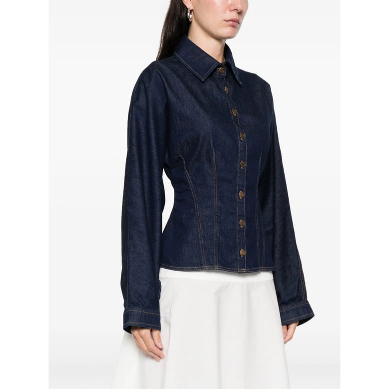 blue button fastening shirt with point collar by Selfnex